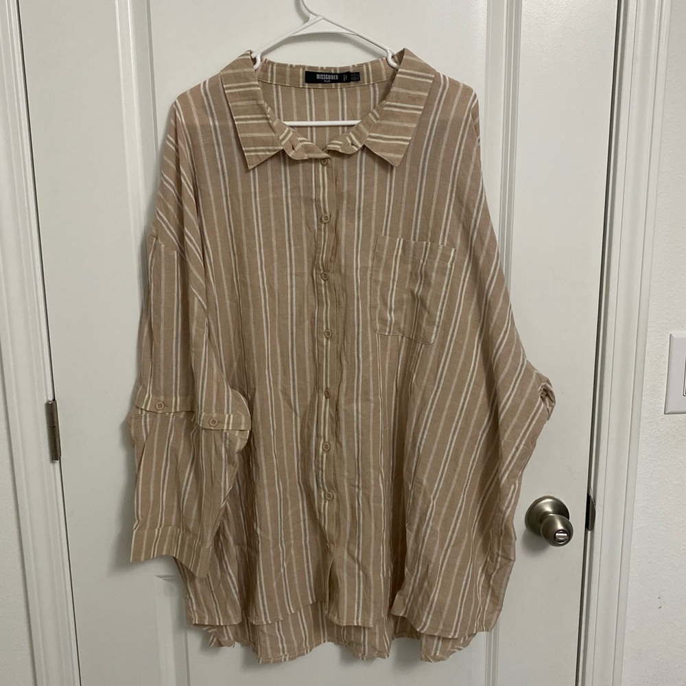 MISSGUIDED PLUS 100% Cotton Button Down Beige with Stripes Shirt 2XL